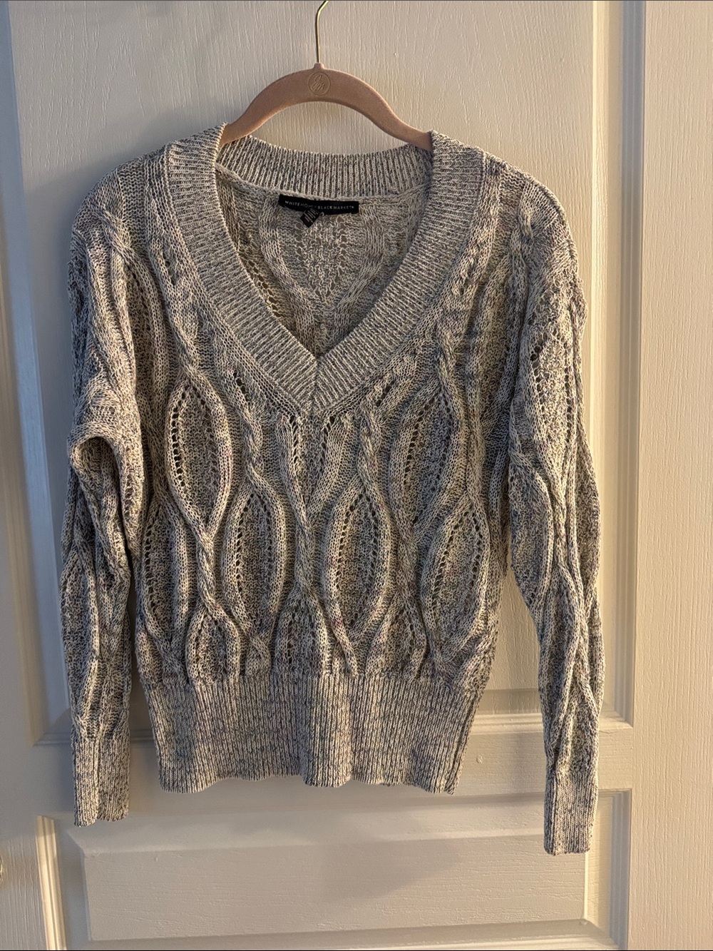 White House Black Market Light Gray Cable Knit V-Neck Sweater